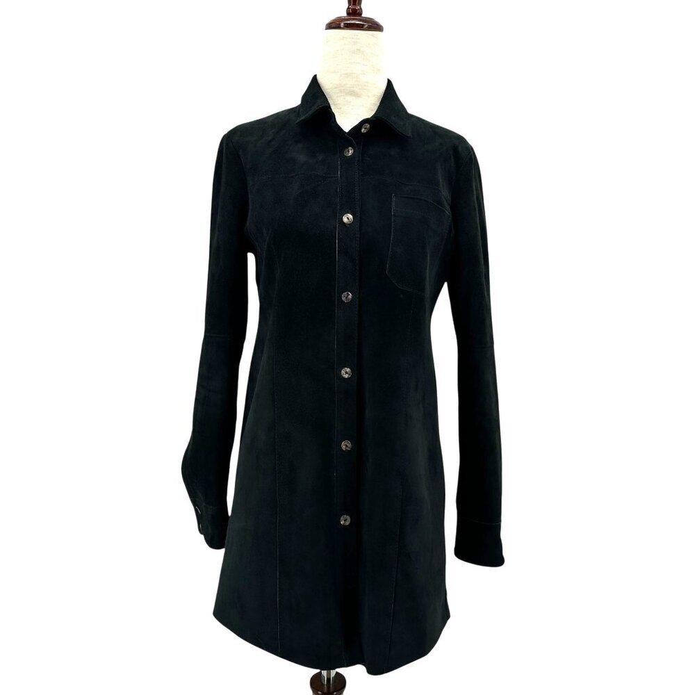 Roncarati Womens 0/2 Shirt Jacket Leather Suede Black Button Collared Western Bo